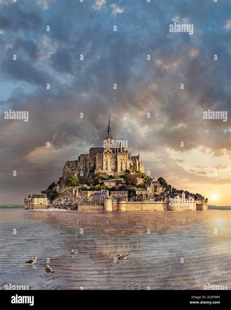 Scenic View Of The Tidal Island Of Mont Saint Michel At High Tide