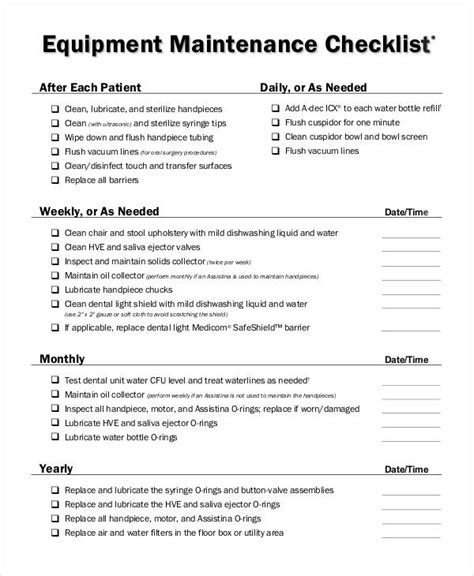 Equipment Maintenance Checklist Templates 15 Free Docs Xlsx And Pdf