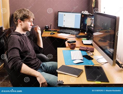 Freelance Developer And Designer Working At Home Stock Image Image Of