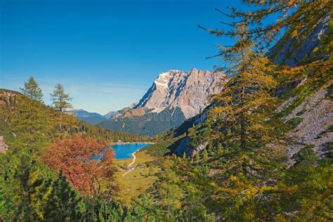 Idyllic Alpine Landscape With Lake View Seebensee Larch Trees And