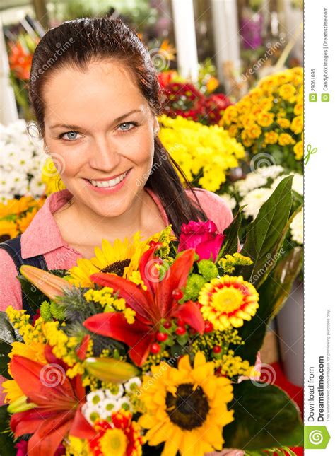 Smiling Florist Woman Colorful Bouquet Flower Market Stock Image