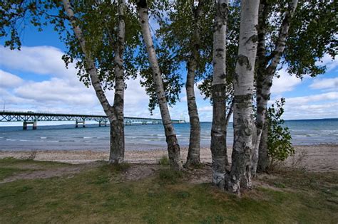 Mackinaw Bridge Over Lake Superior And Lake Huron In Michigans Upper
