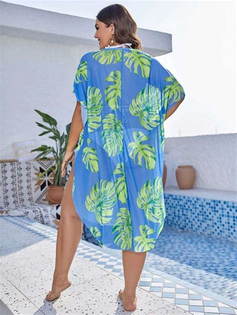 Shein Tropical Print Batwing Sleeve Mesh Cover Up Dress