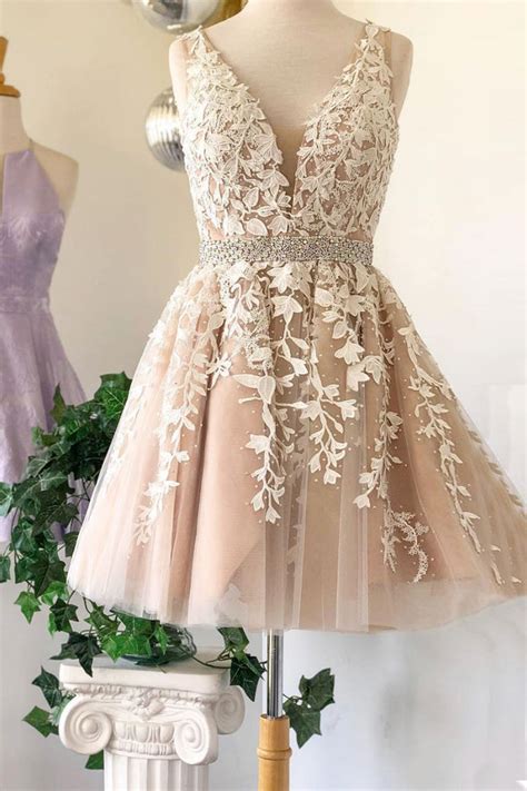 Champagne V Neck Tulle Lace Short Prom Dress Champagne Homecoming Dre