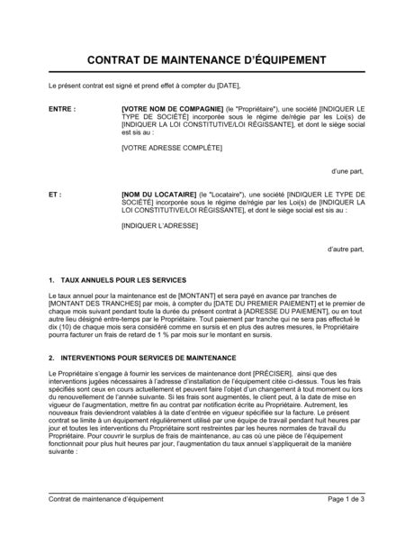 Contrat De Maintenance Déquipement Modèles And Exemples Pdf