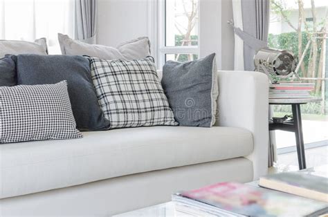 Modern White Sofa In Modern Living Room With Pillows Stock Photo