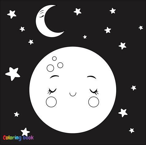 Cute Cartoon Moon And Star On The Space Black And White Vector