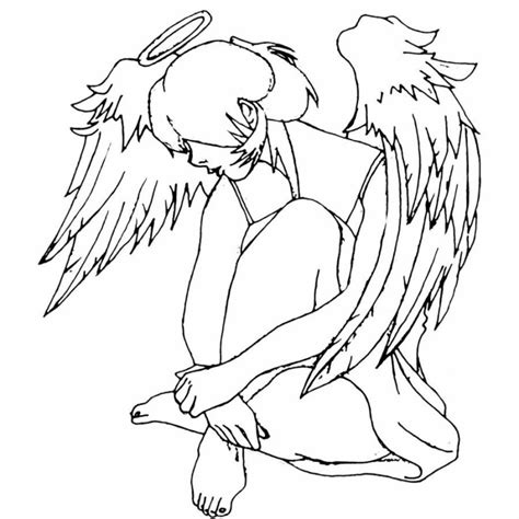 Awesome Outline Animated Sitting Angel Girl Tattoo Design