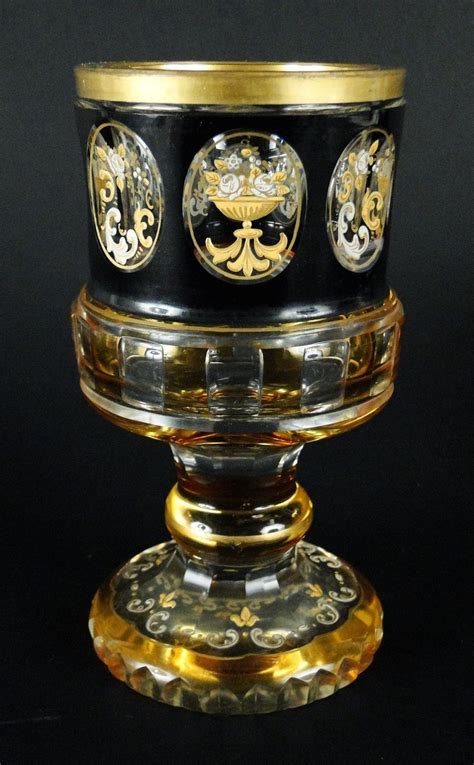 Antique Moser Bohemian Enamel Gold Decorated Cameo Panels Art Glass Goblet Bohemian Glass