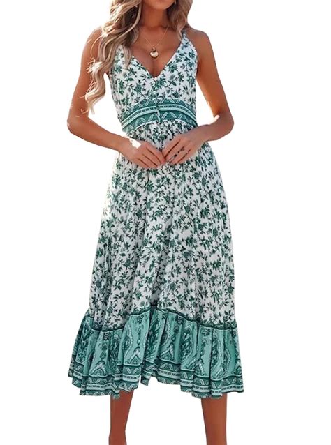 Rvivimos Womens Summer Floral Long Boho Dress Spaghetti Straps Buttons Midi Dress