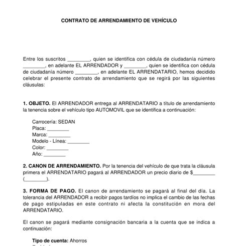 Contrato De Arrendamiento De Vehículo Modelo Ejemplo