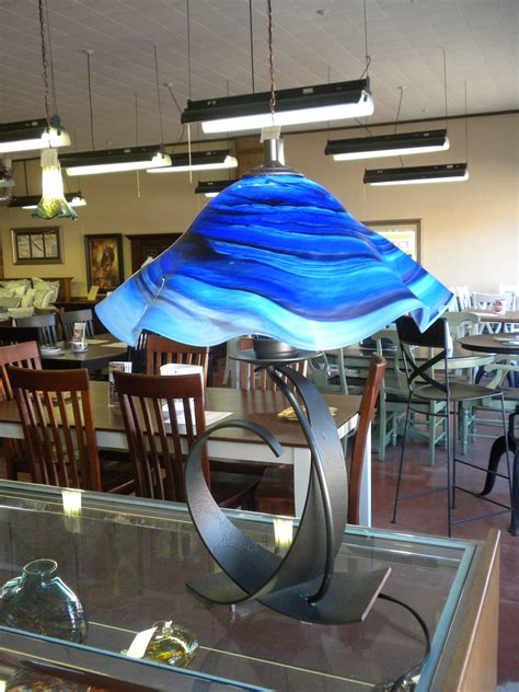 Large Hand Blown Art Glass Lamp Shade Cobalt Over Sky Blue Color Mix On A Hand Forged Steel