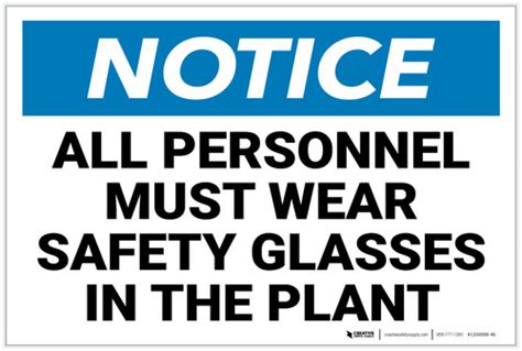 notice all personnel must wear safety glasses label creative safety supply