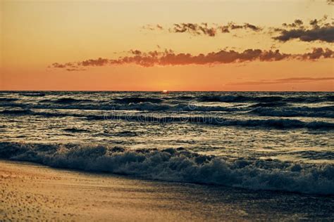 Beautiful Sunset Over Sea Waves Half Sun Below Horizon Seacoast View