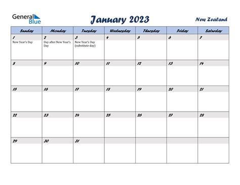 January 2023 New Zealand Calendar With Holidays For Printing Image