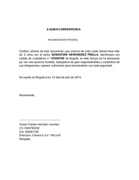 Ejemplo De Una Carta De Referencia Personal