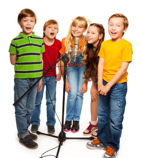 Group Of Kids Singing To Microphone Stock Photo Image Of Childhood