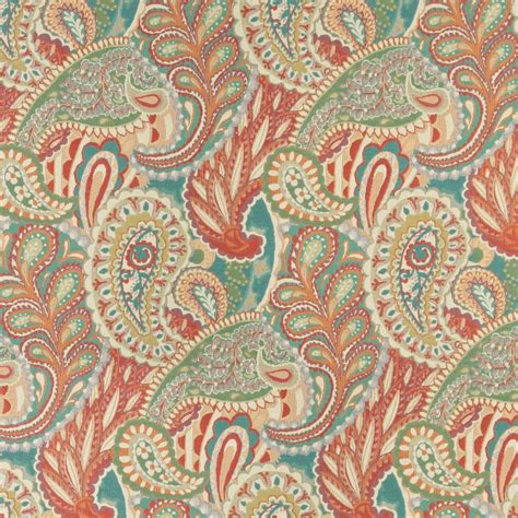 Aqua Beige And Coral Large Artistic Paisley And Floral Weave Brocade