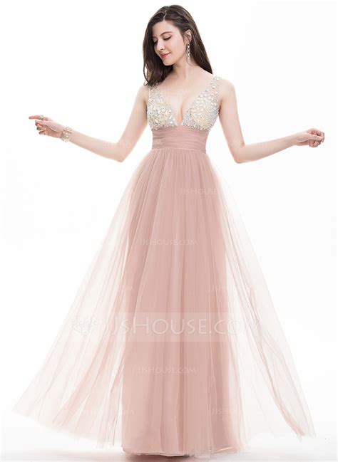A Lineprincess V Neck Floor Length Tulle Prom Dresses With Ruffle
