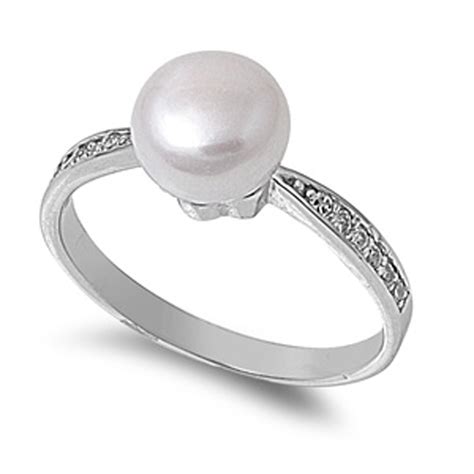Sterling Silver Women S Simulated Pearl Ring 925 Band 8mm White Cubic