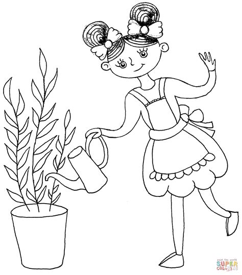 A Girl Watering a Plant coloring page | Free Printable Coloring Pages