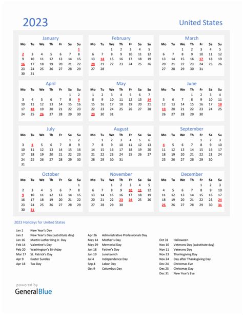 Basic Yearly Calendar With Holidays In United States For 2023