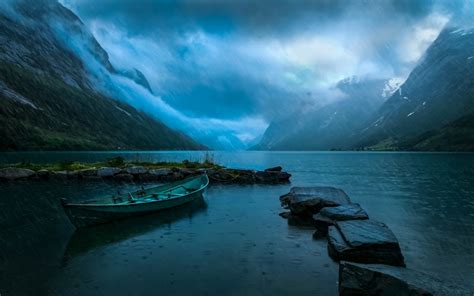 Nature Landscape Lake Mountain Norway Clouds Rain Blue Boat