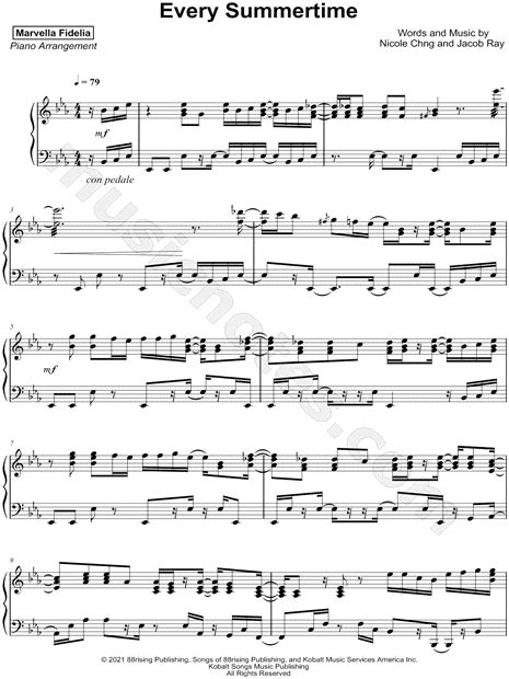 Marvella Fidelia Every Summertime Sheet Music Piano Solo In Eb Major Download And Print