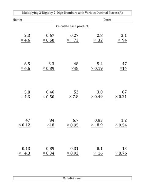 Multiply Decimals By Decimals Worksheet