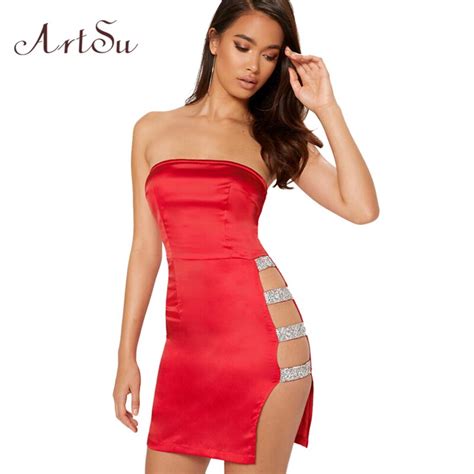 Artsu Satin Strapless Mini Dress Sexy Side Split Sequin Striped Hollow