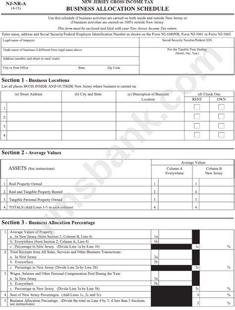 Fillable Form Nj Nr A Business Allocation Schedule New Jersey Gross