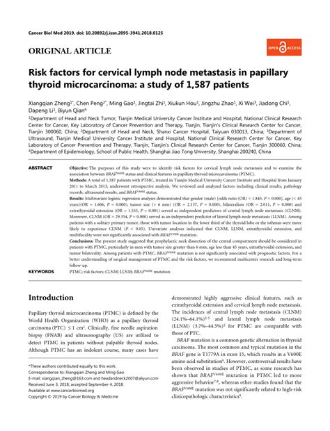 Pdf Risk Factors For Cervical Lymph Node Metastasis In Papillary