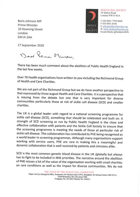 Scs Letter To The Prime Minister 1 Sickle Cell Society