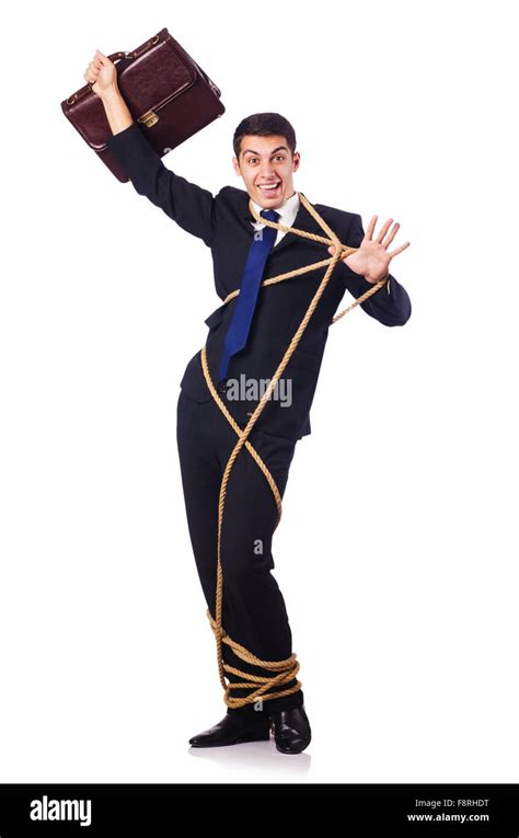 Businessman Tied Up With Rope On White Stock Photo Alamy