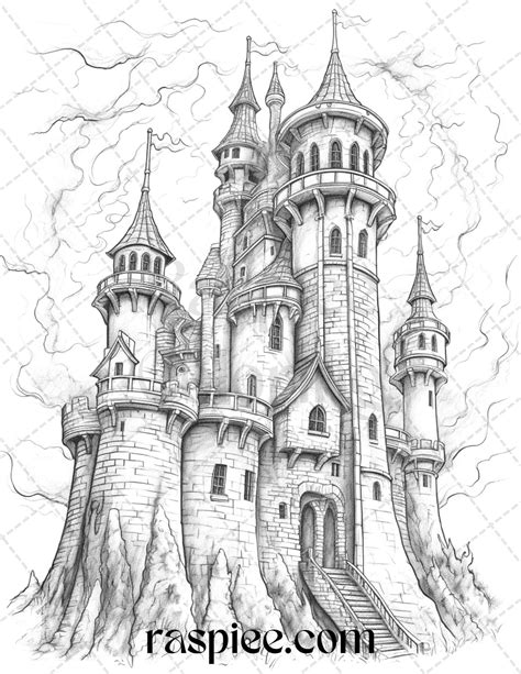 50 Haunted Castles Grayscale Coloring Pages Printable Halloween Color