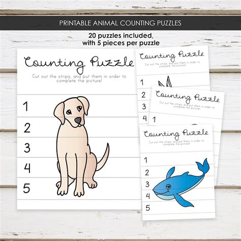 Printable Animal Themed Counting Puzzle Worksheets Preschool Etsy