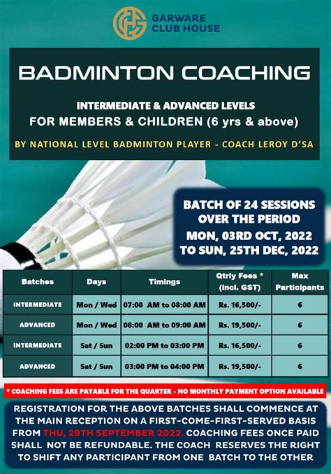 Badminton Coaching For Beginners And Intermediate Level Oct To Dec 2022