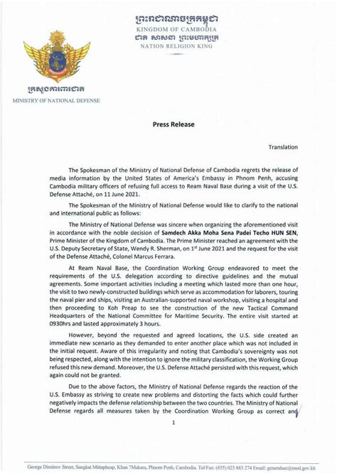 Top News Cambodia Defense Ministry Regrets Us Embassys Media Release