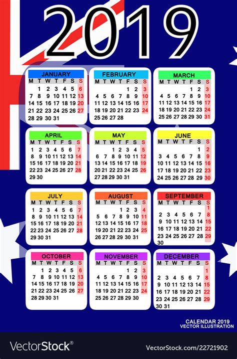 Calendar 2019 With Flag Of Australia Royalty Free Vector