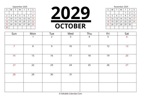 Download October 2029 Printable Calendar With Previous And Next Month