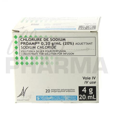 Le chlorure de sodium est un composé chimique ionique de formule nacl. Chlorure de sodium Proamp 0,20g/ml 20Amp/20ml, Liquide, e ...