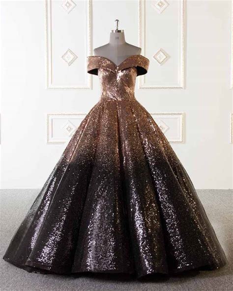 Luxury Sparkly Ball Gown Dresses Gold And Black Sequins Prom Evening D