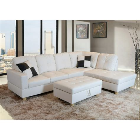 For U Furnishing Classic White Faux Leather Sectional Sofa Right