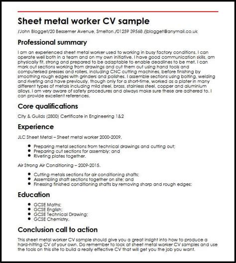 Sheet Metal Worker Cv Sample Myperfectcv