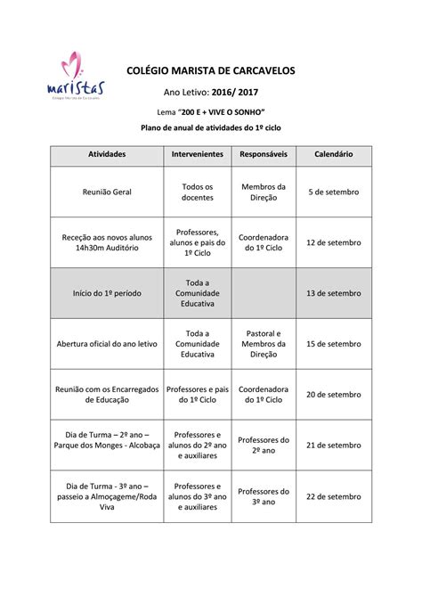 Plano Anual De Atividades Do 1º Ciclo 2016 2017 By Colégio Marista De