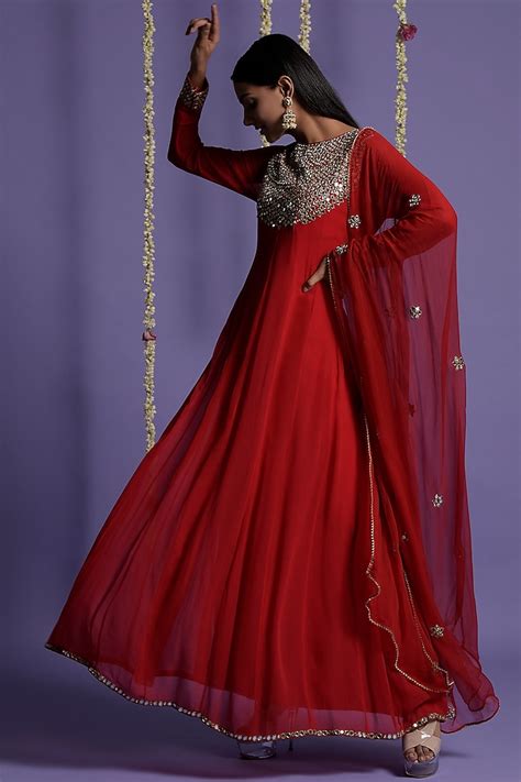 Red Georgette Embroidered Anarkali Set Design By Two Sisters By Gyans