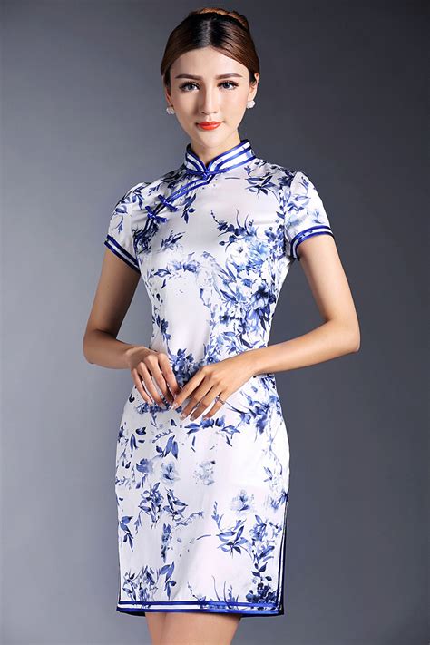 Pretty Blue Floral Print Qipao Cheongsam Dress Qipao Cheongsam