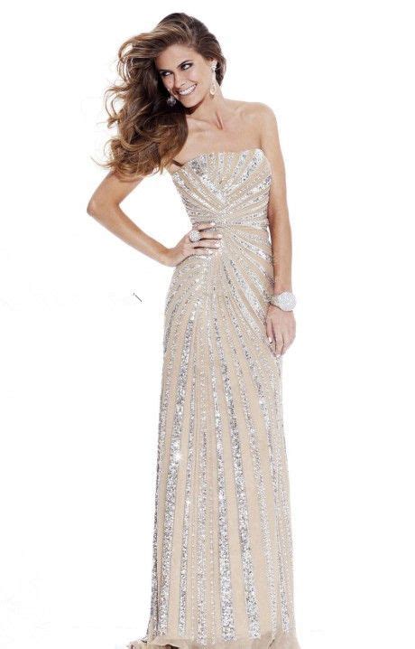 Fashion Chiffon Nude Prom Evening Gowns 2013 Sequined Strapless Sheath