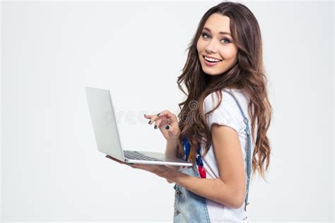 Portrait Of A Smiling Girl Holding Laptop Computer Stock Image Image