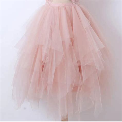 Blush Pink Asymmetrical Midi Tulle Skirts Women Pretty Knee Length